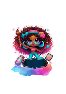 Dieezah's 2024 animated logo featuring a Kawaï representation of Dieezah, an afro-caribbean girl with big puffy hair, wearing blue-lensed reading glasses, wielding a paintbrush and a pen while dancing on a multi-colored cloud... there's a name tag that says Dieezah and a few greetings in different languages above her head...